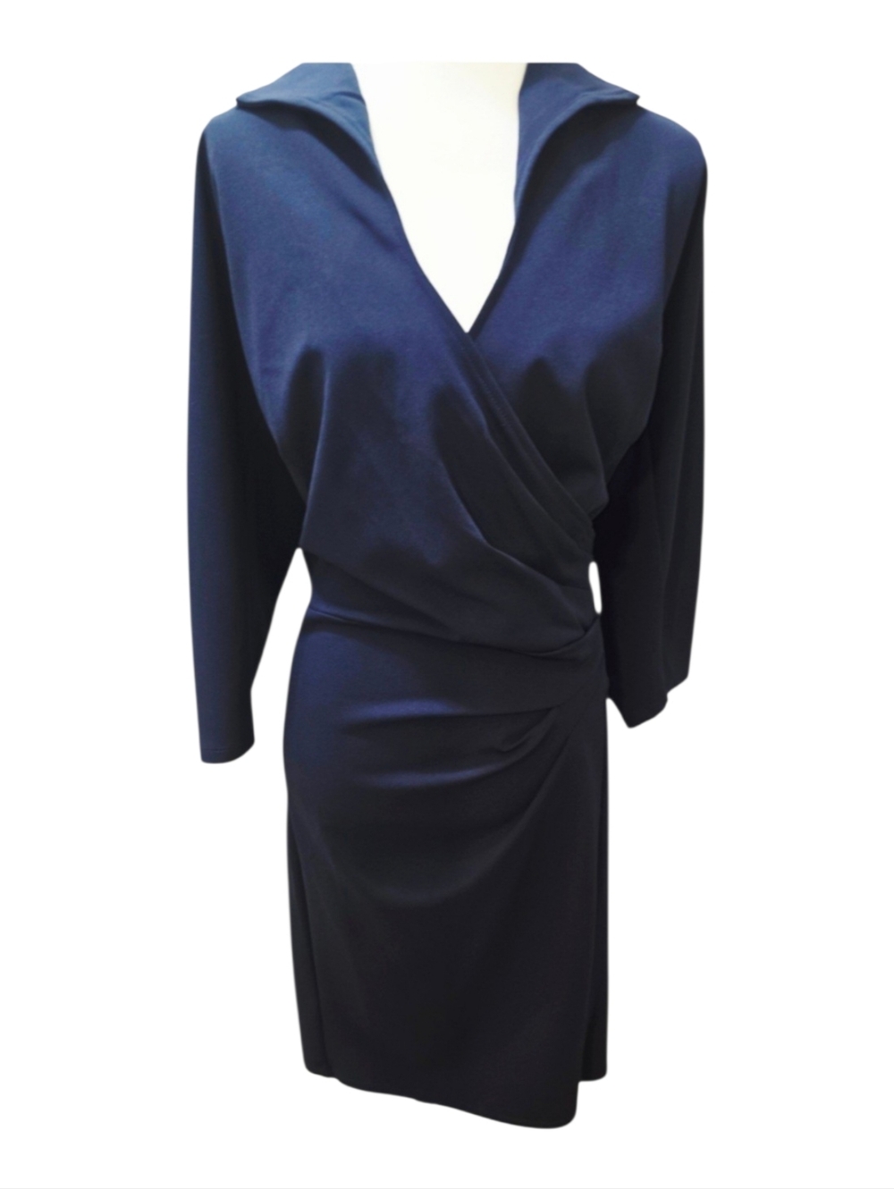 London Times Navy Wrap-Style Long Sleeve Dress, Size 24W